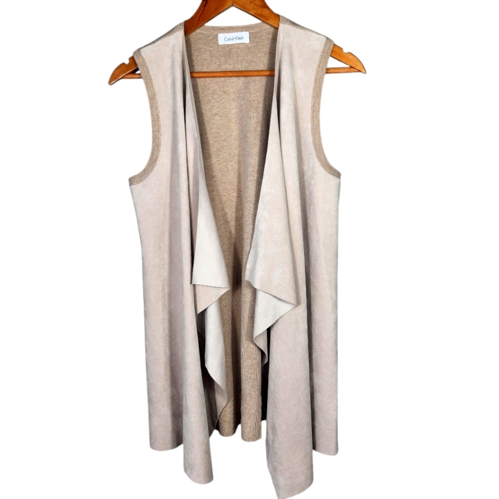 Calvin Klein Sweater Beige Vest Sleeveless Drape Open Front Faux Suede Small